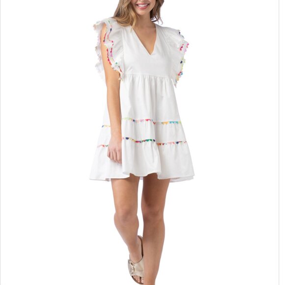Crosby by Mollie Burch Holden White Tiered Mini Dress Rainbow Scalloped 8/10 - Picture 2 of 16